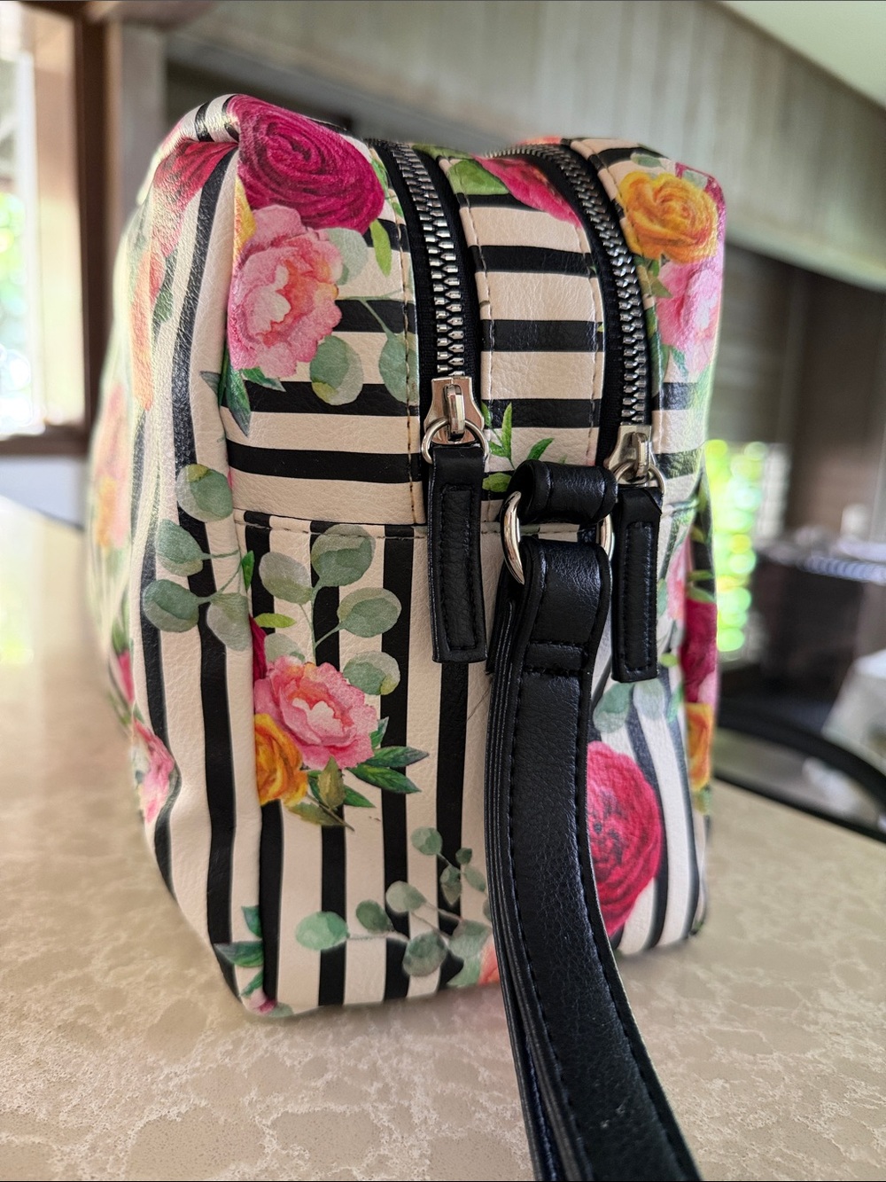 Betsey Johnson Black & White Striped Floral Wristlet Cosmetic Pouch - Picture 5 of 7
